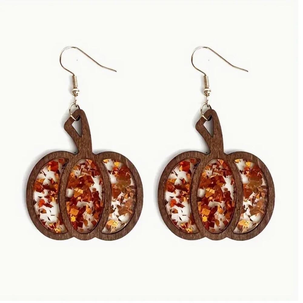 Wooden Glitter Pumpkin Earrings
